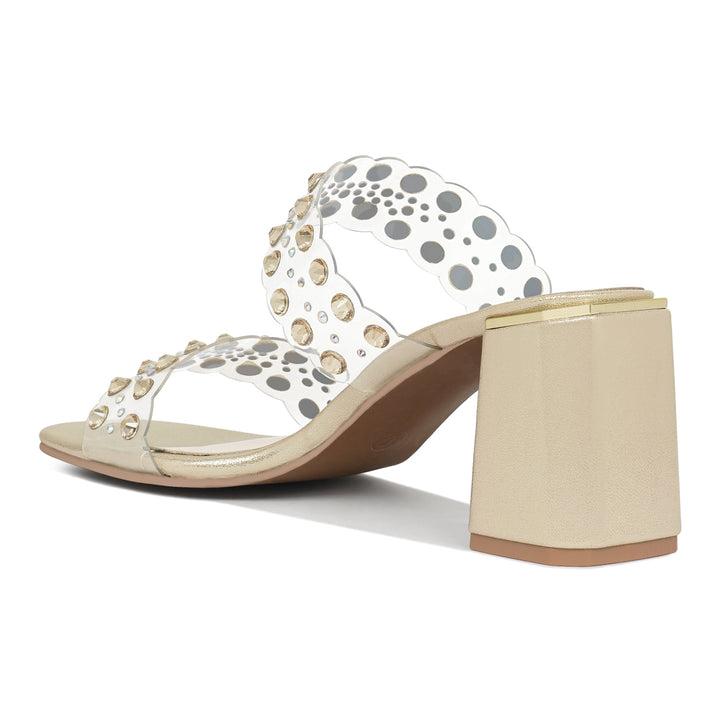 women metallic clear strap block heels#color_gold