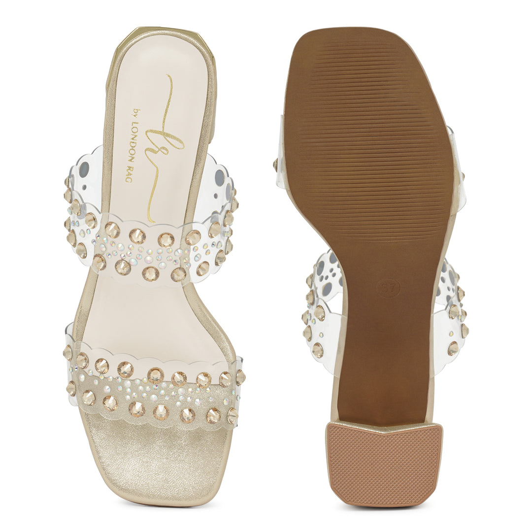 women metallic clear strap block heels#color_gold