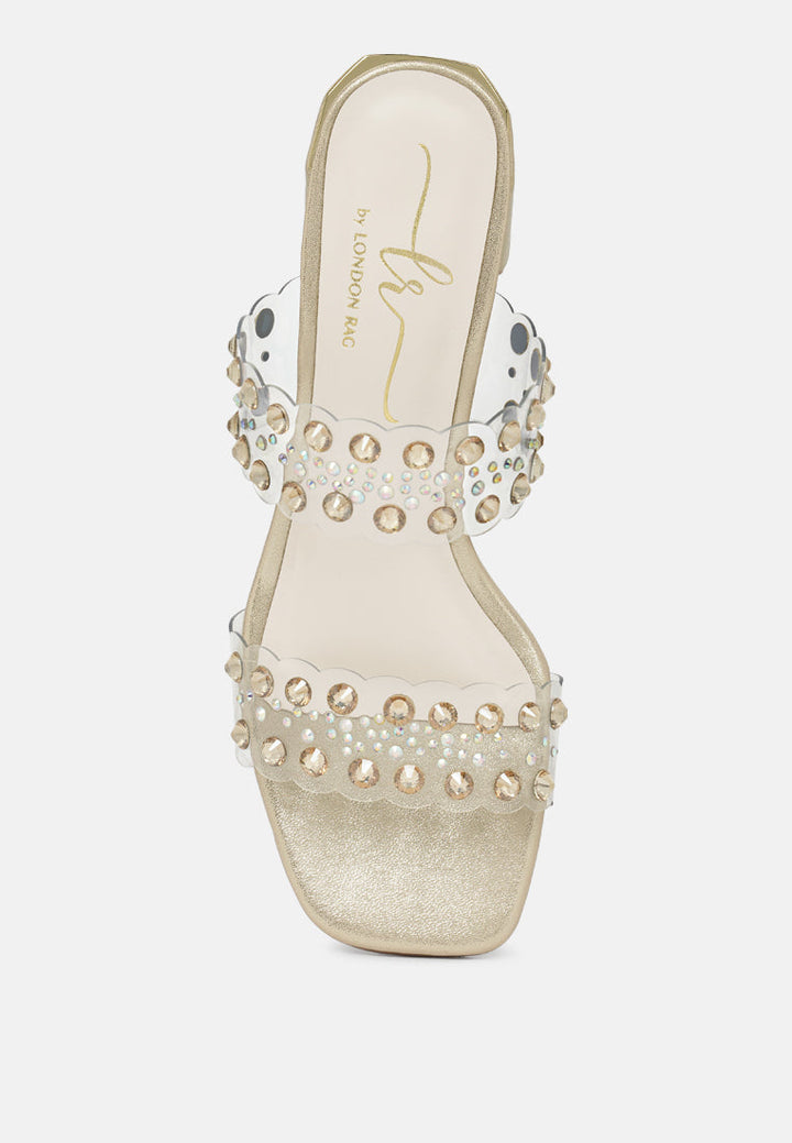 Women Metallic Clear Strap Block Heels