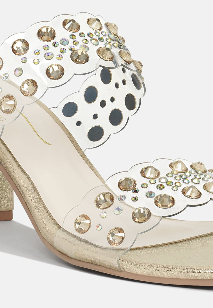 Women Metallic Clear Strap Block Heels