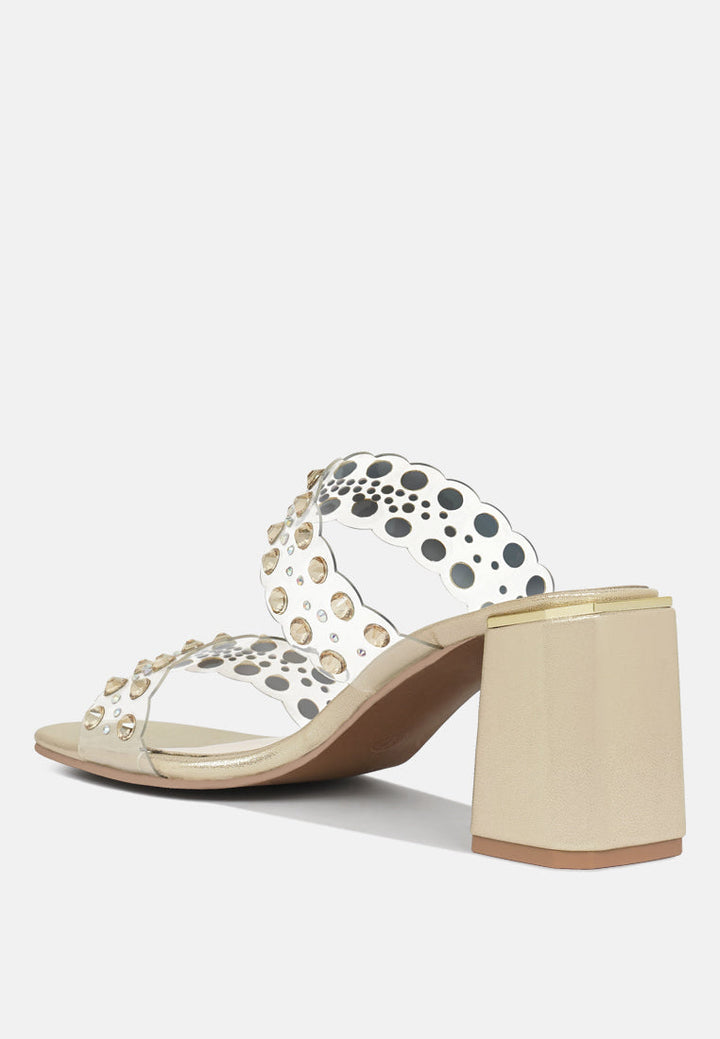 Women Metallic Clear Strap Block Heels