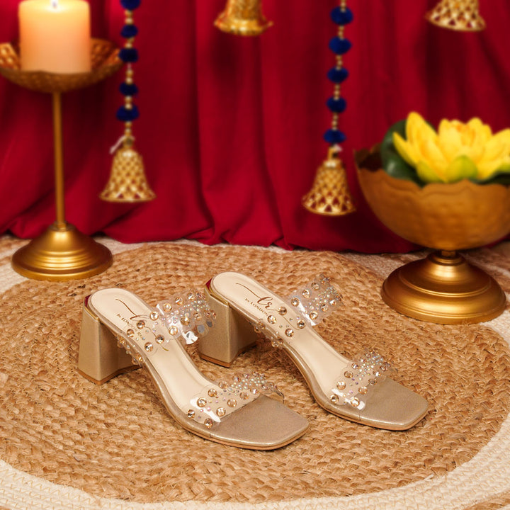 Women Metallic Clear Strap Block Heels