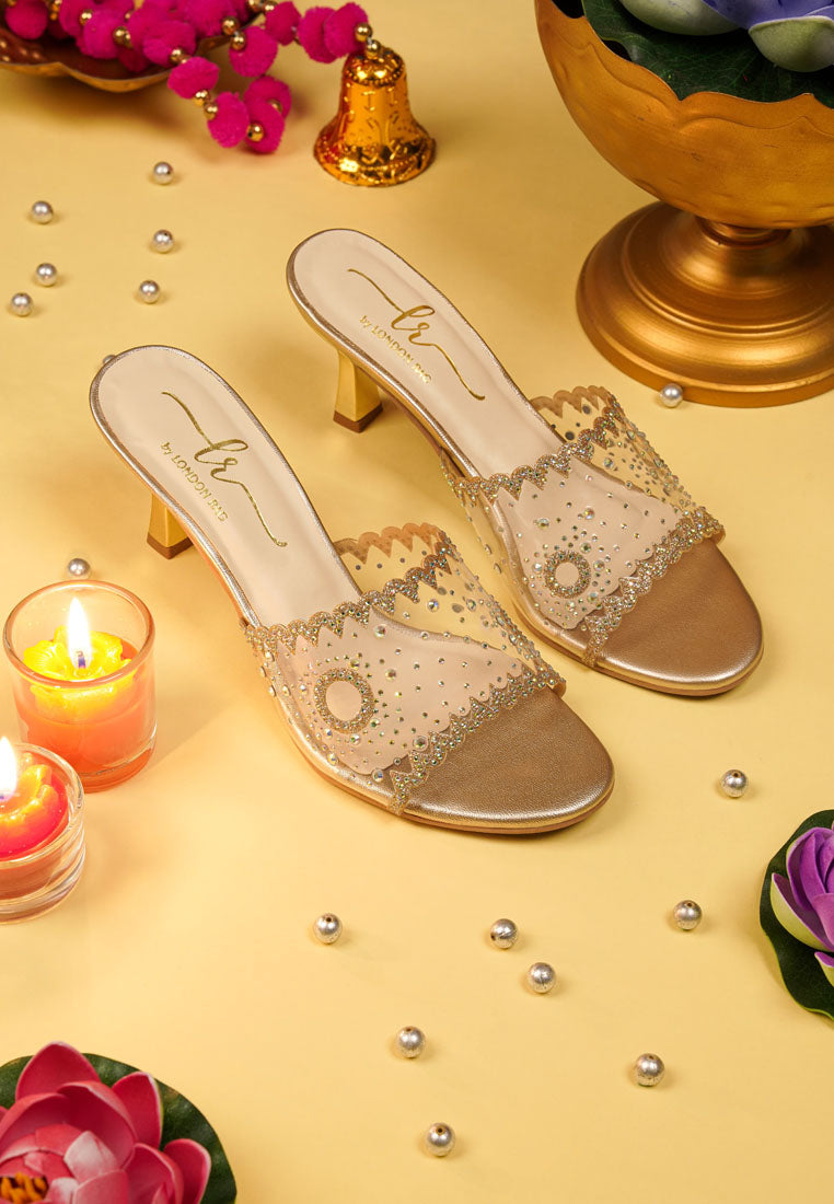 women rhinestones & glitter embellished kitten heels#color_gold