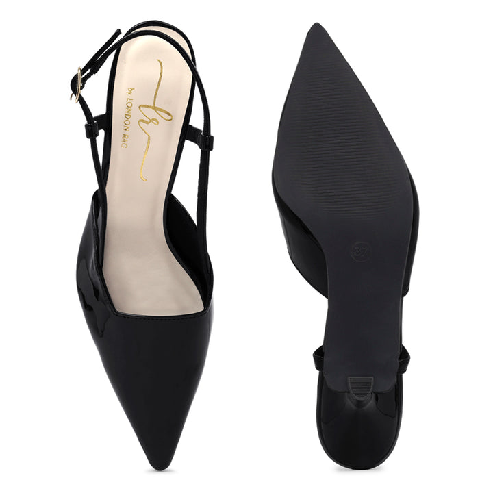 women patent faux leather slingback heels#color_black
