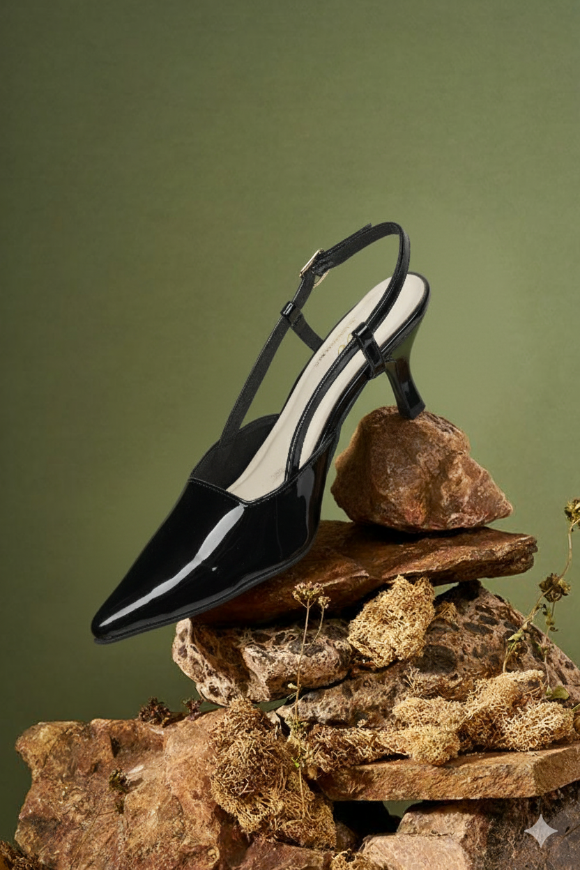 women patent faux leather slingback heels#color_black