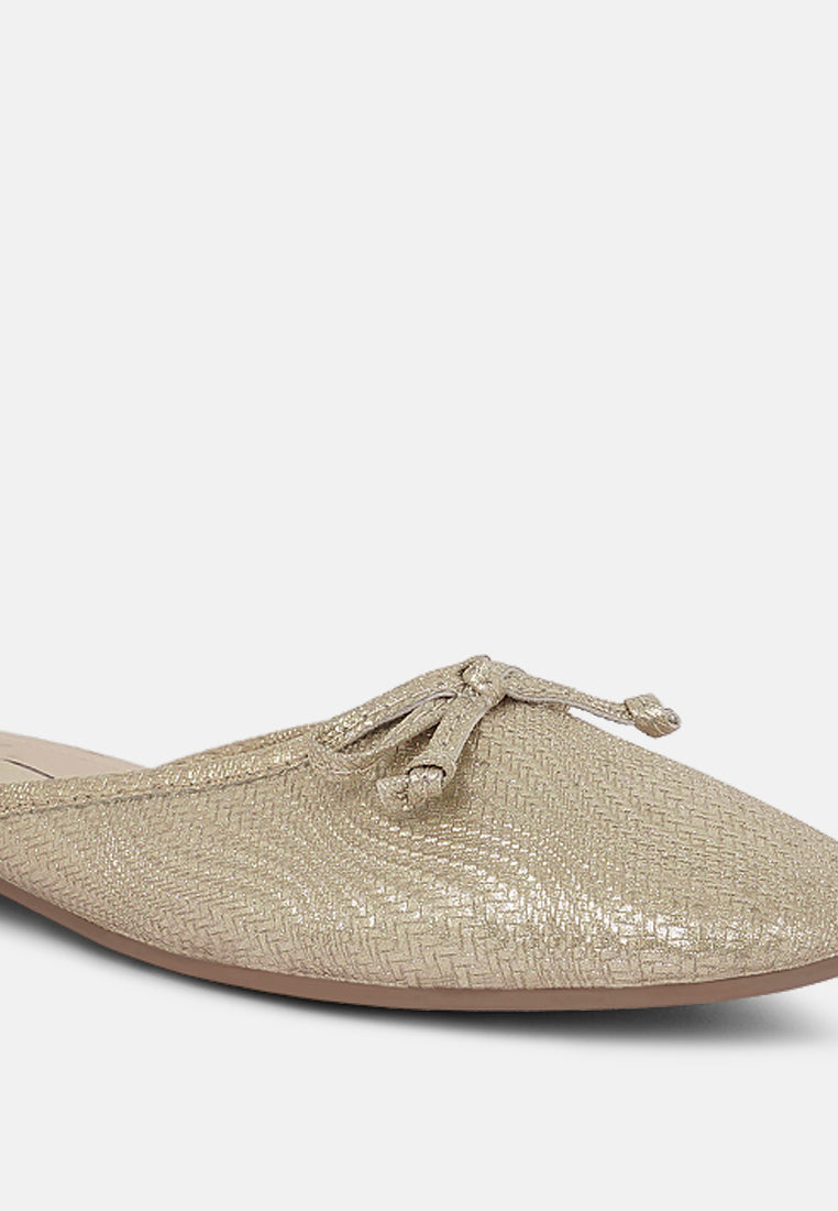 women bow detail metallic mules#color_gold