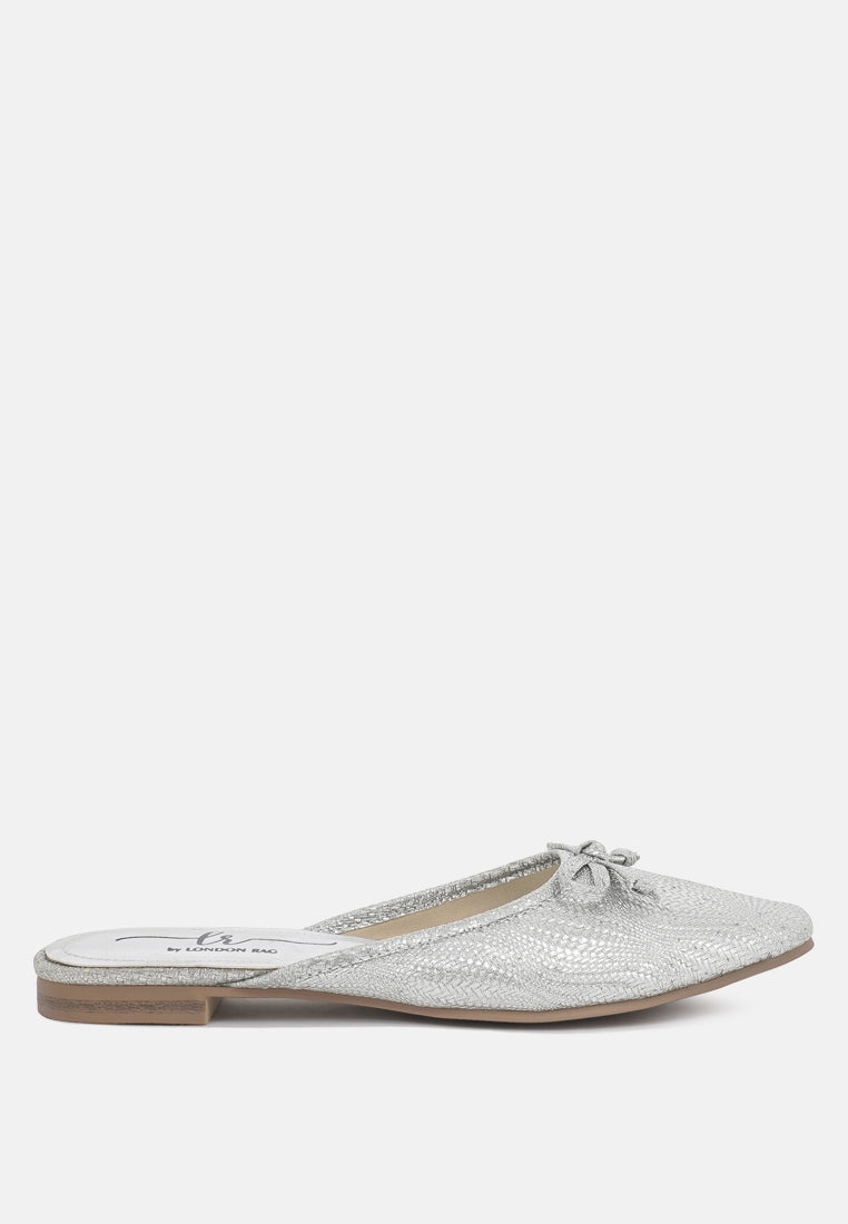 women bow detail metallic mules#color_silver