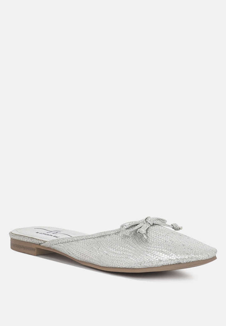 women bow detail metallic mules#color_silver