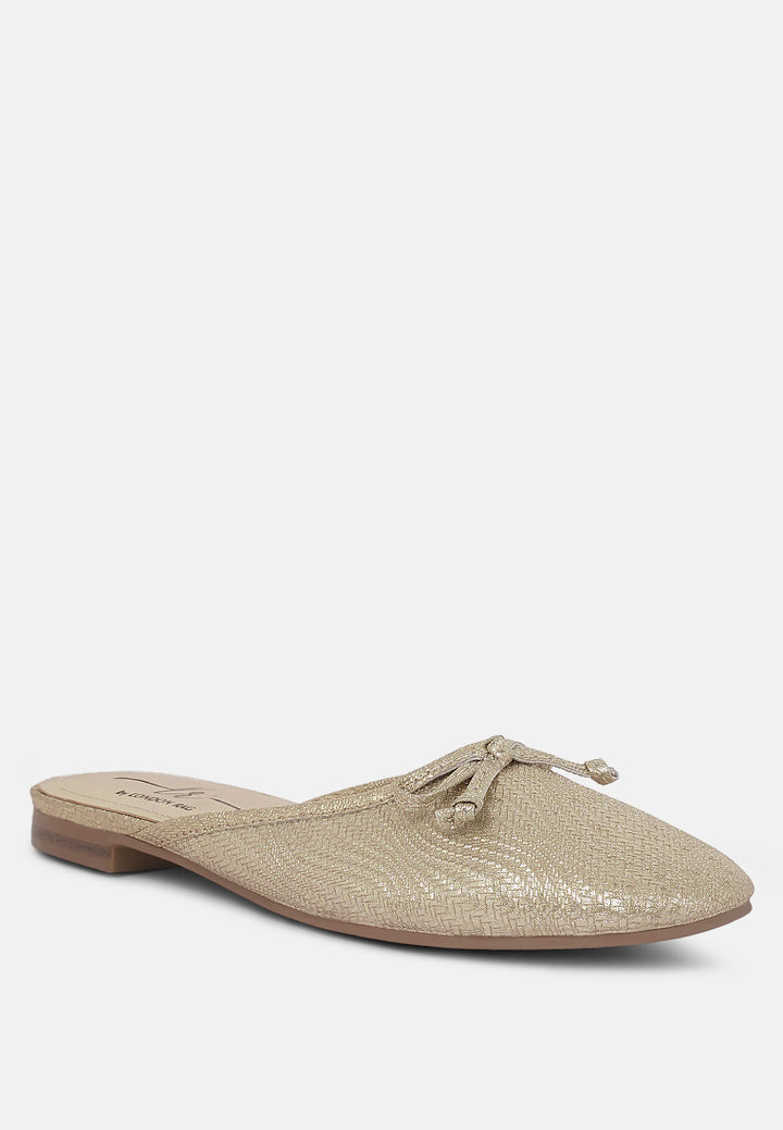 women bow detail metallic mules#color_gold