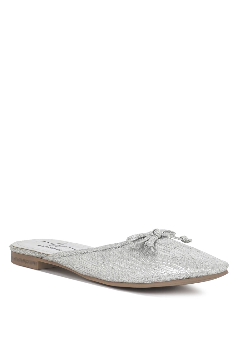 women bow detail metallic mules#color_silver