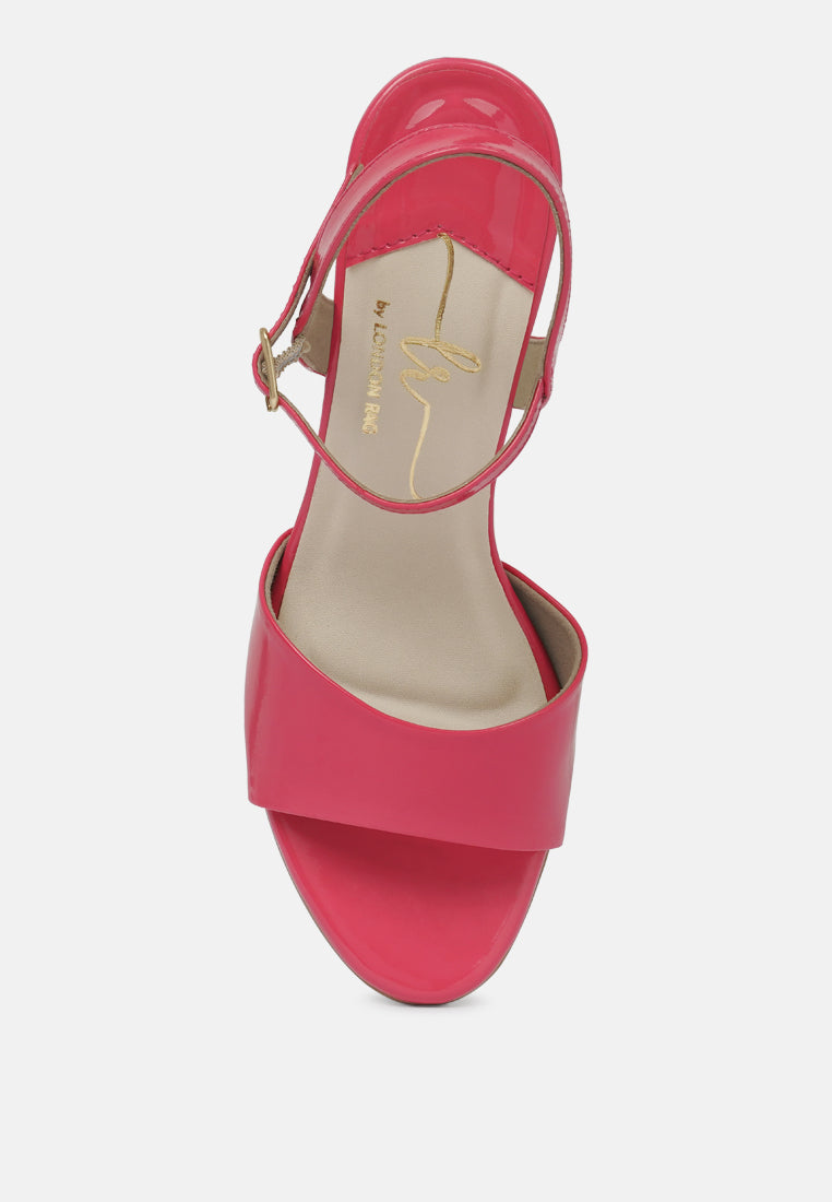 women glossy faux leather buckle sandals#color_fuschia