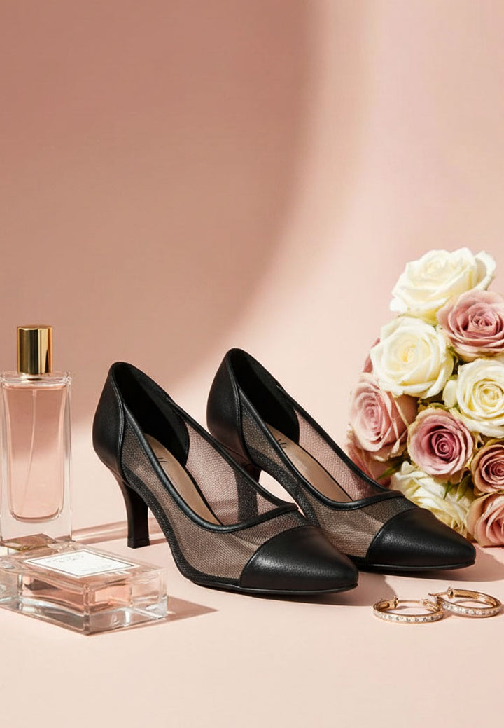 women mesh & faux leather pumps#color_black