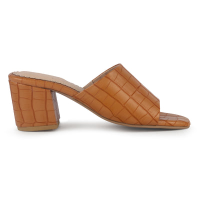 Tan Slip-On Block Heel Sandals