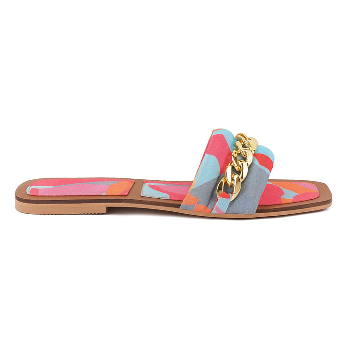 metallic chain detail flat sandals#color_multicolor