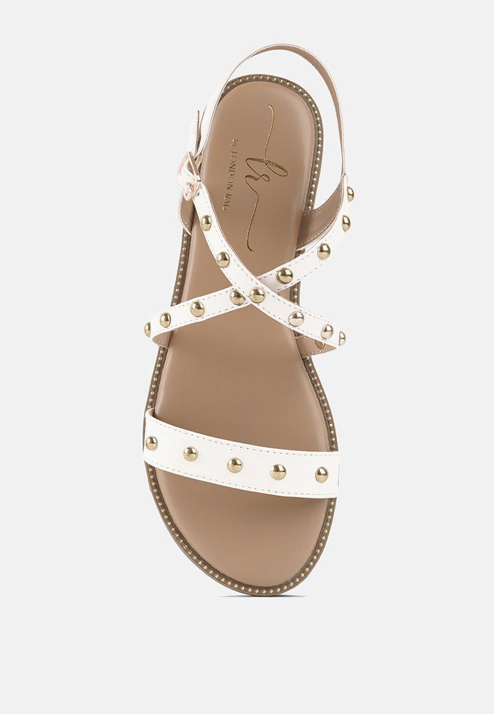 stud embellished strappy flats#color_white