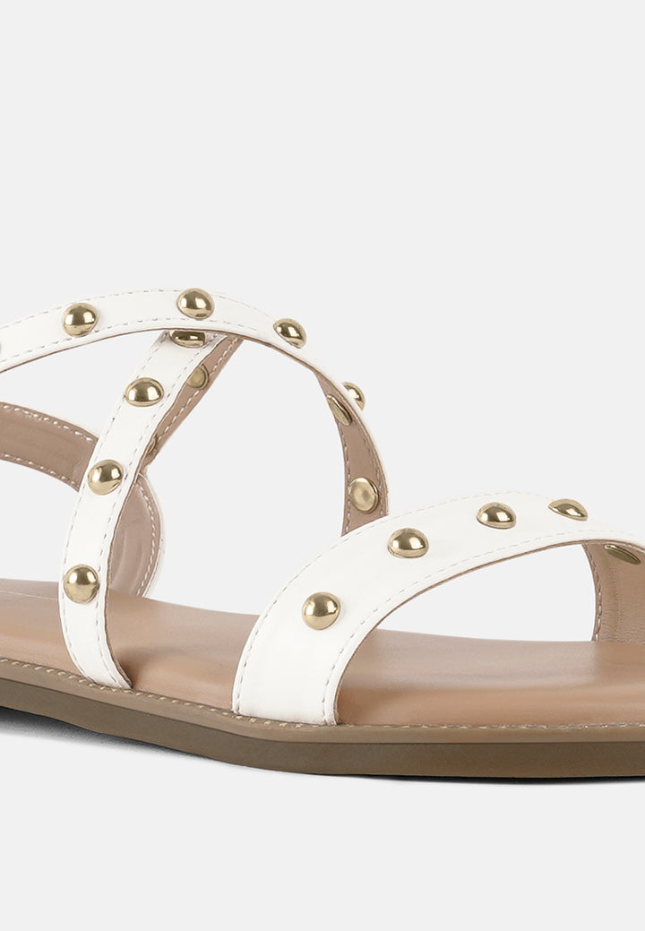 stud embellished strappy flats#color_white