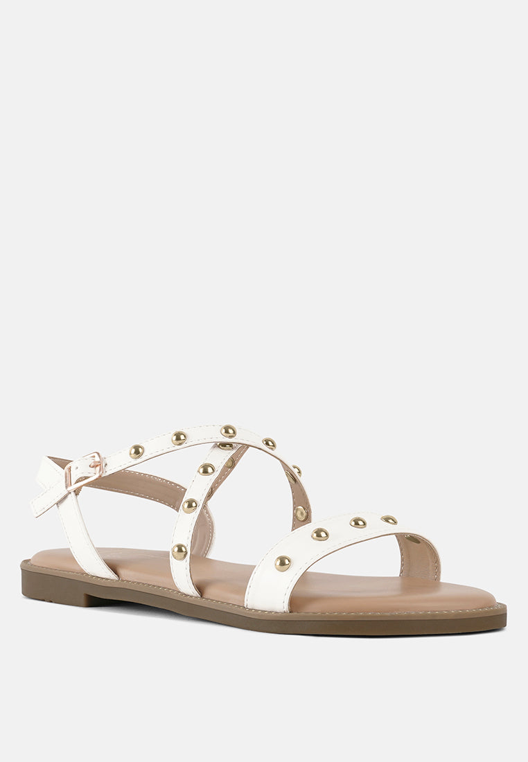 stud embellished strappy flats#color_white