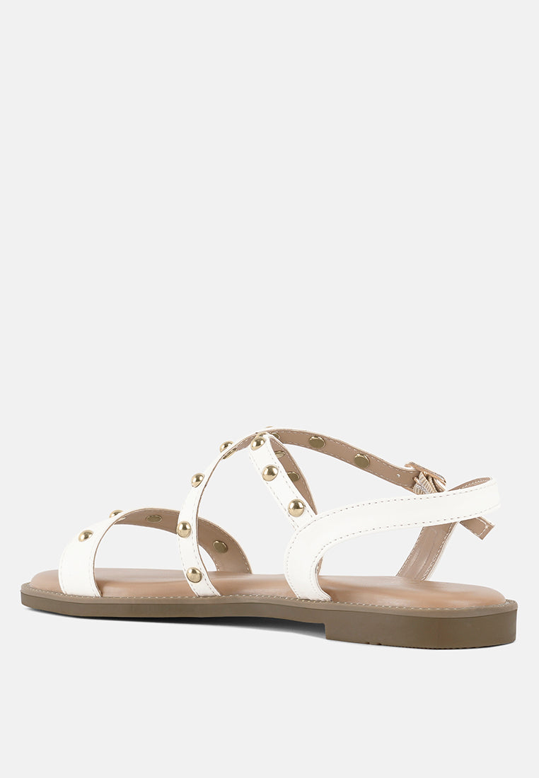 stud embellished strappy flats#color_white