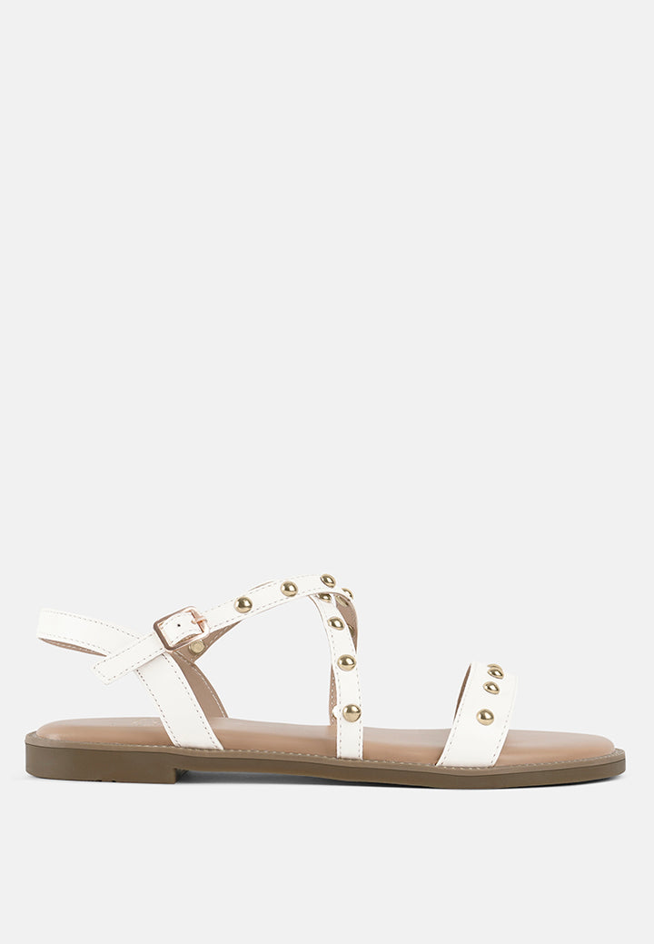 stud embellished strappy flats#color_white