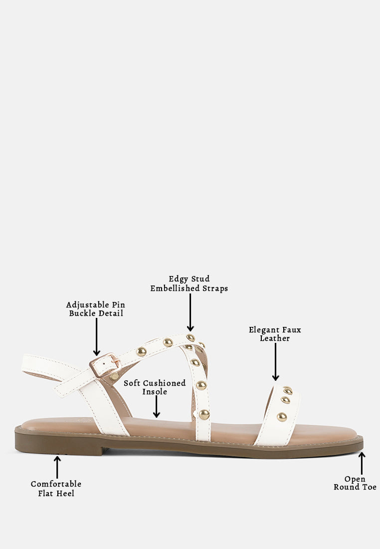 stud embellished strappy flats#color_white