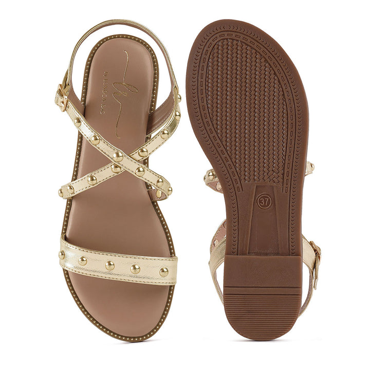 metallic faux leather strappy flats#color_gold