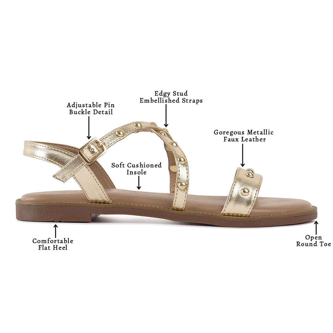 metallic faux leather strappy flats#color_gold