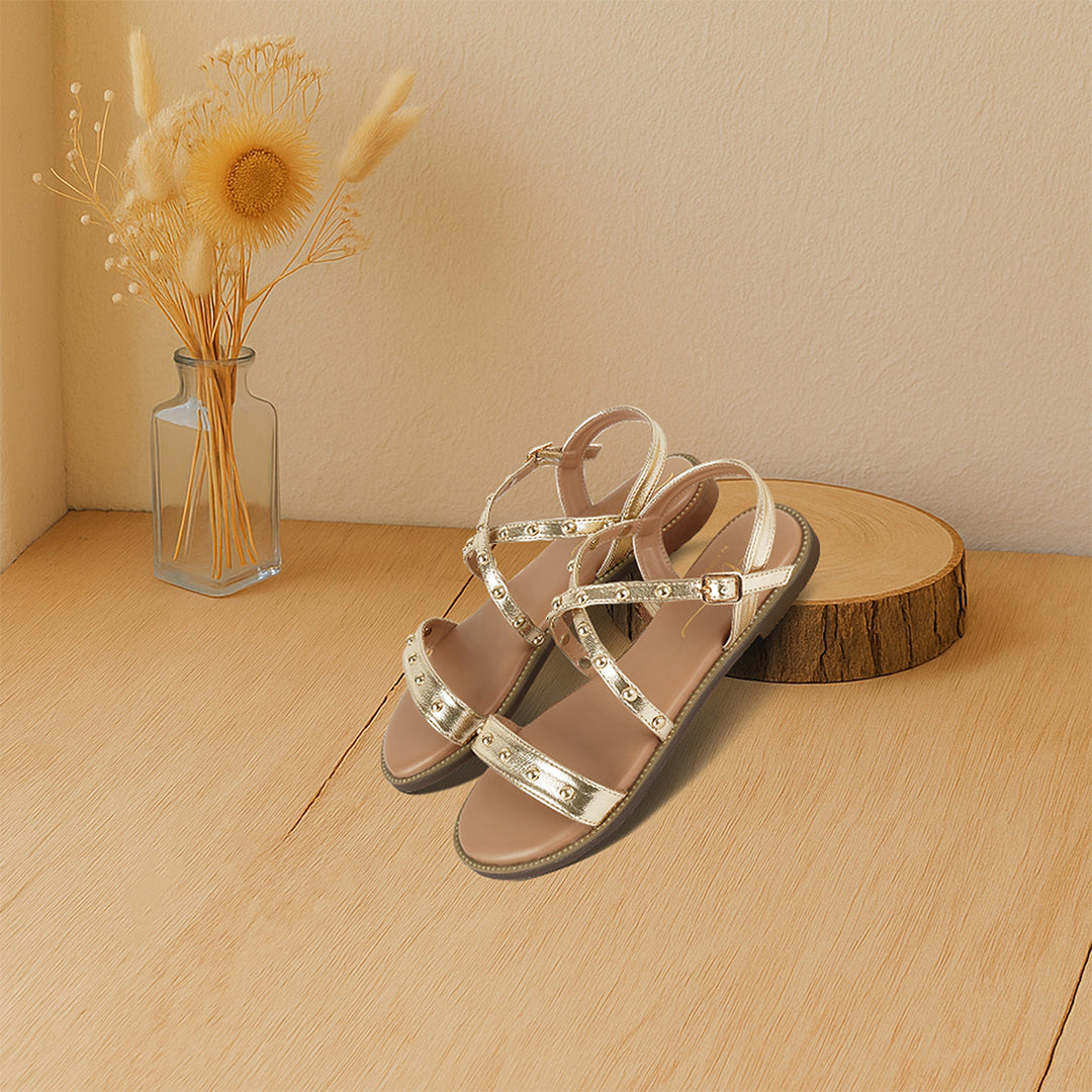 metallic faux leather strappy flats#color_gold