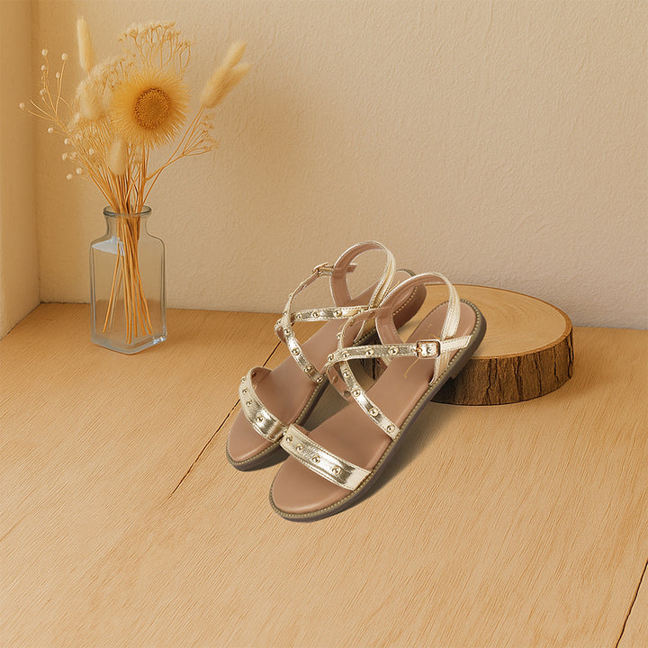 metallic faux leather strappy flats#color_gold