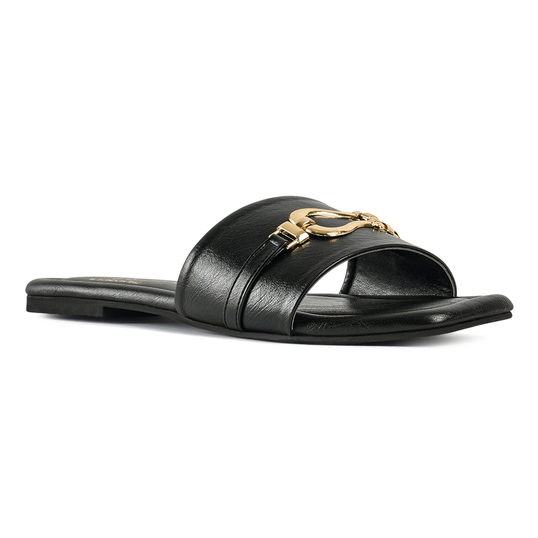 metallic buckle embellished slip ons#color_black