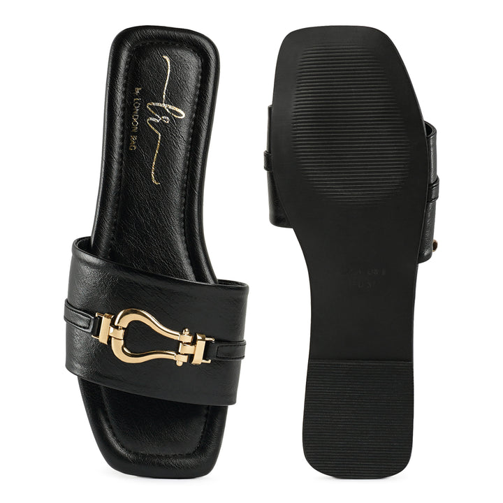 metallic buckle embellished slip ons#color_black