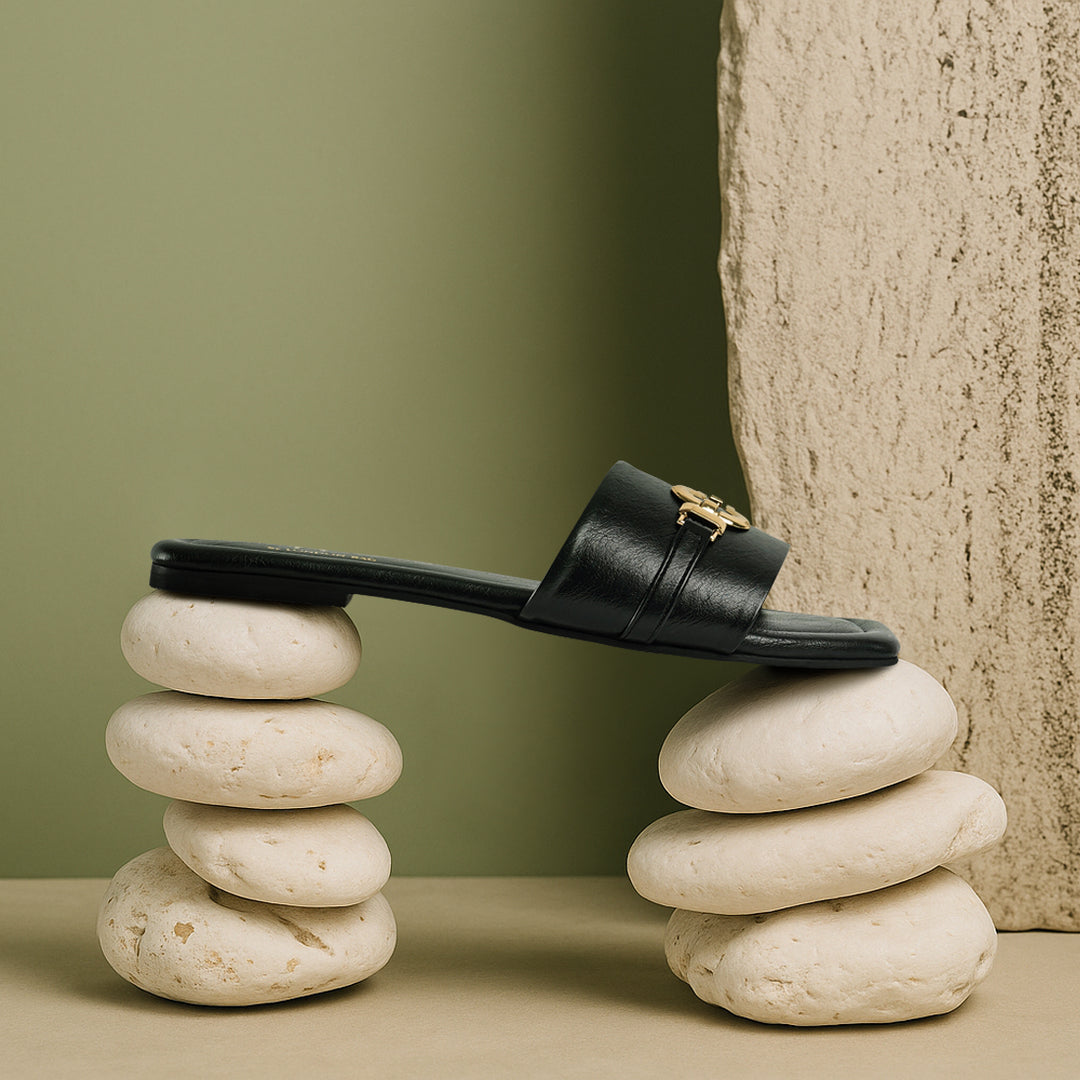 Women Metallic Buckle Embellished Slip Ons