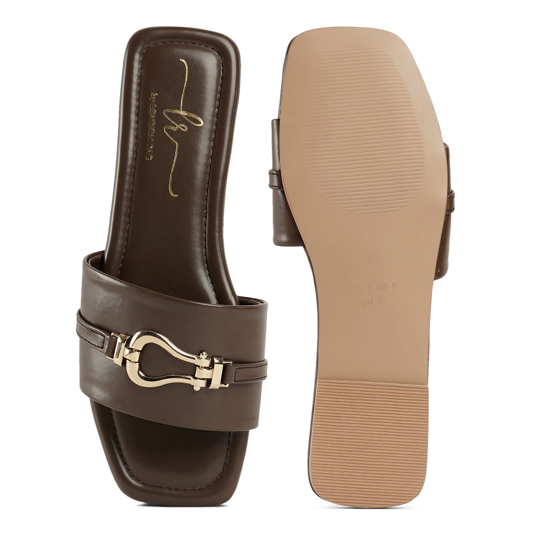 metallic buckle embellished slip ons#color_brown