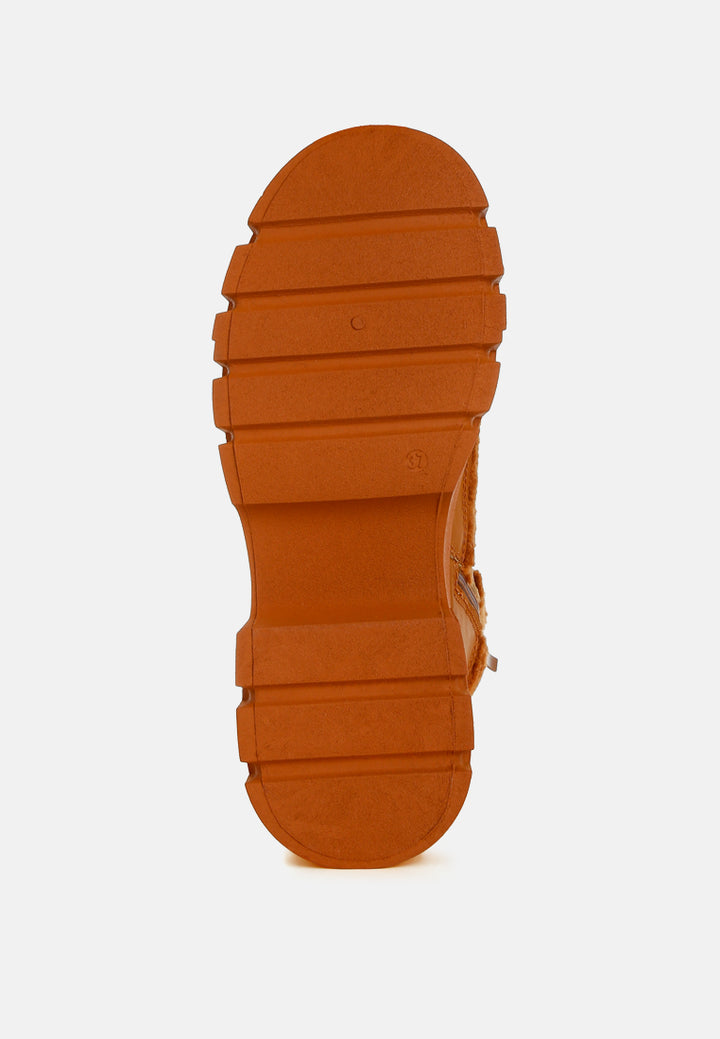 women faux fur detail chunky hiker boots#color_tan