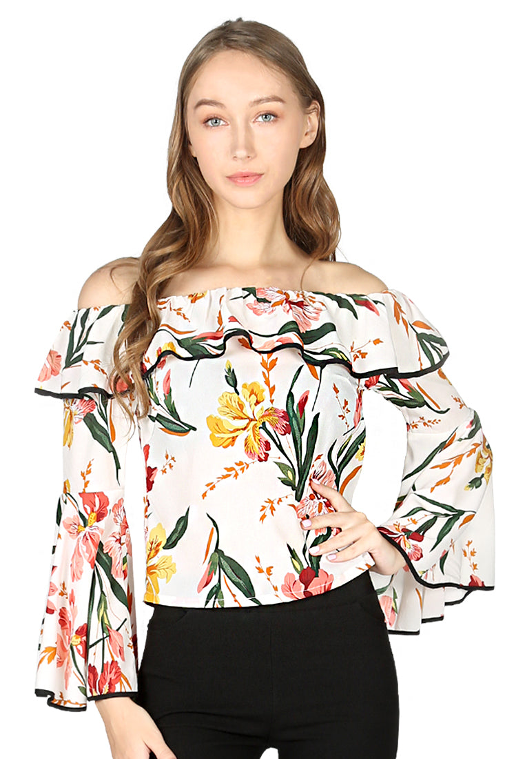 Women Burgundy Stripe Off Shoulder Flared Sleeve Top