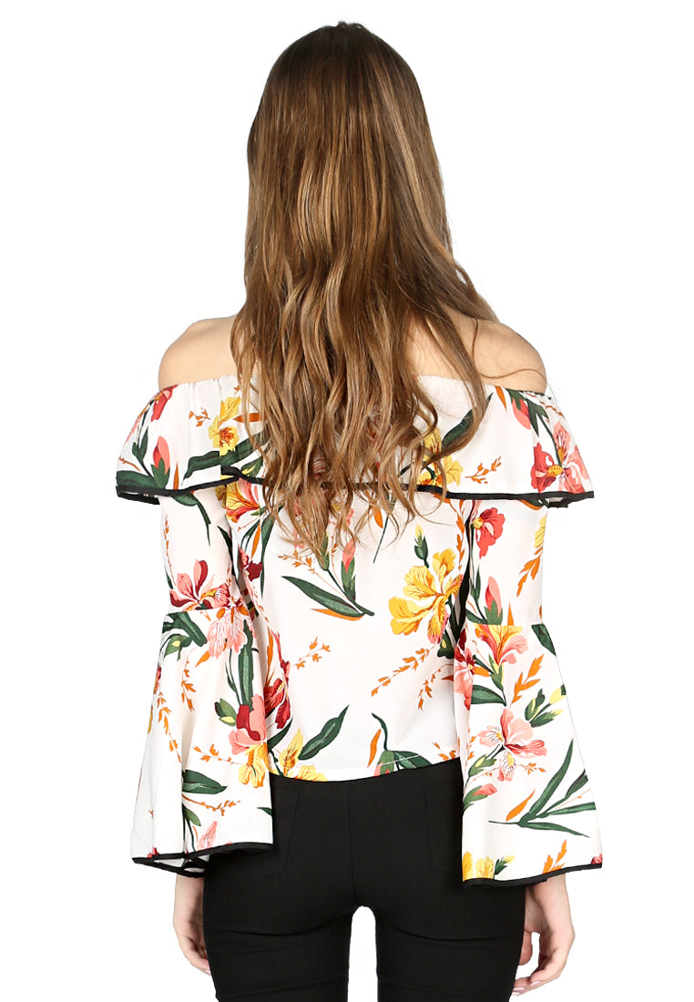 Women Burgundy Stripe Off Shoulder Flared Sleeve Top