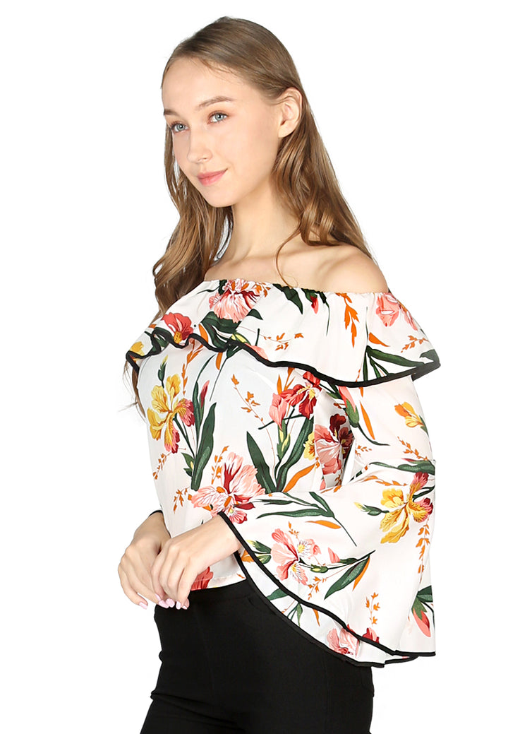 Women Burgundy Stripe Off Shoulder Flared Sleeve Top