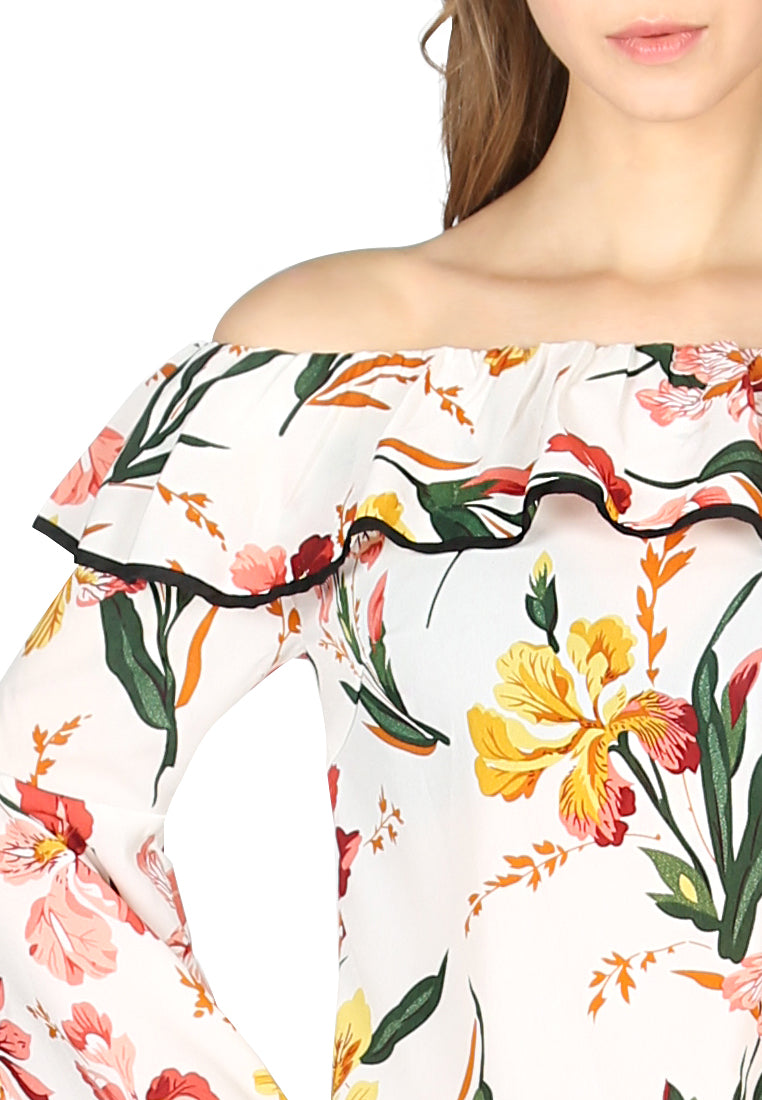 Women Burgundy Stripe Off Shoulder Flared Sleeve Top