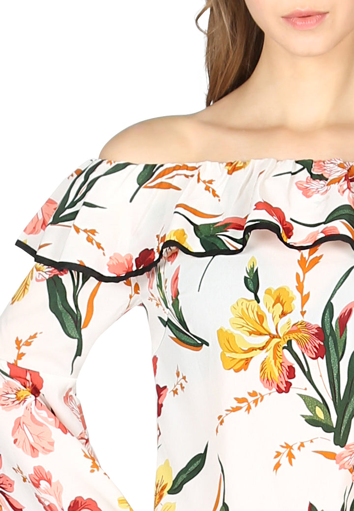 Women Burgundy Stripe Off Shoulder Flared Sleeve Top