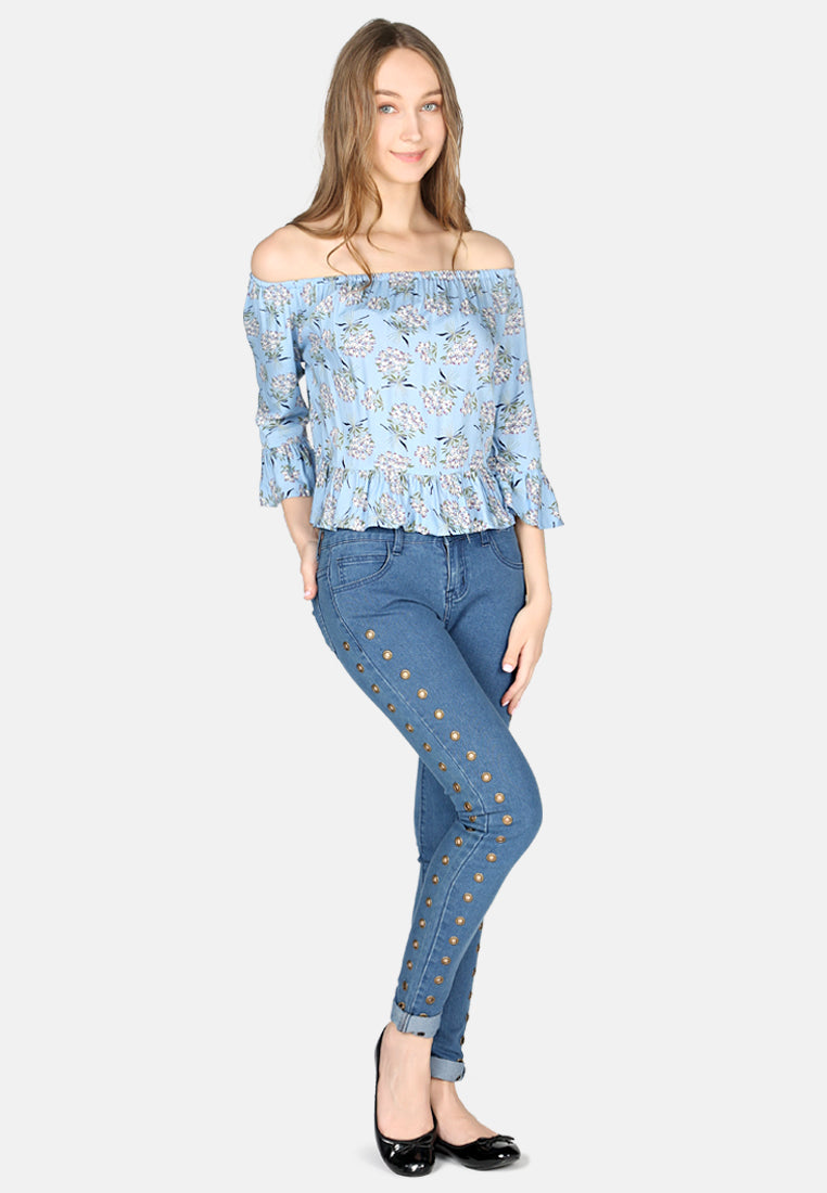 women polka dot off shoulder top#color_blue