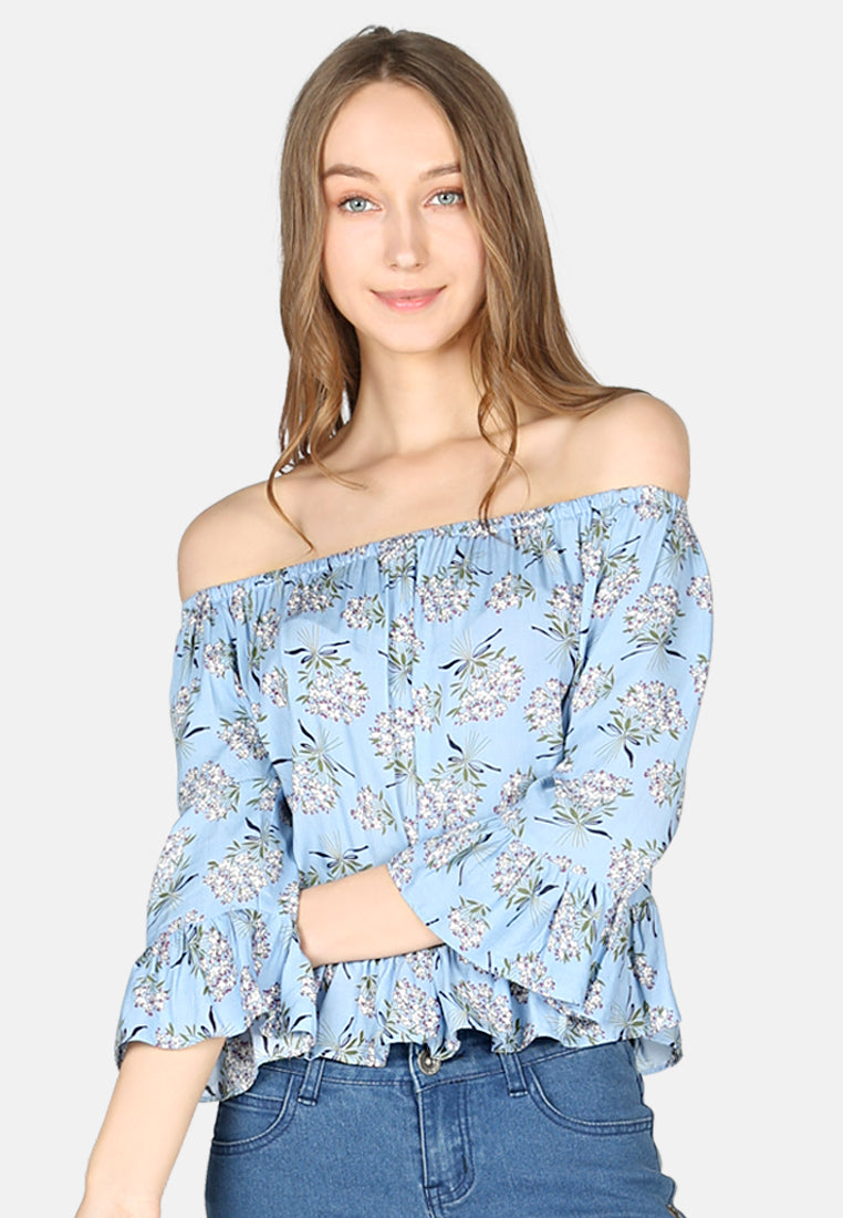 women polka dot off shoulder top#color_blue