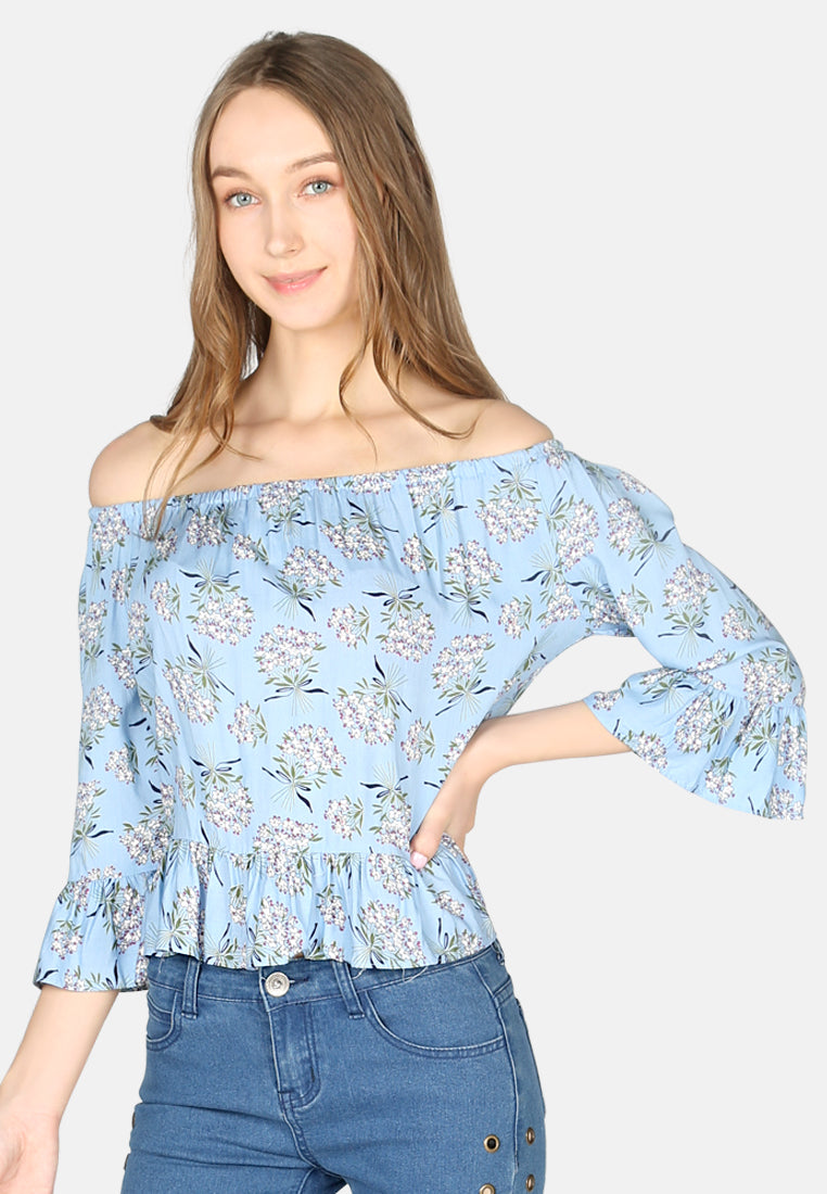 women polka dot off shoulder top#color_blue