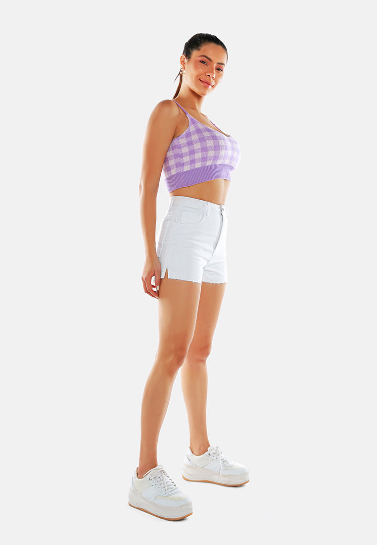 women side slit raw hem denim shorts#color_white