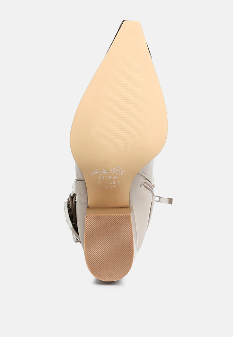 women diamante embellished pin buckle boots#color_beige