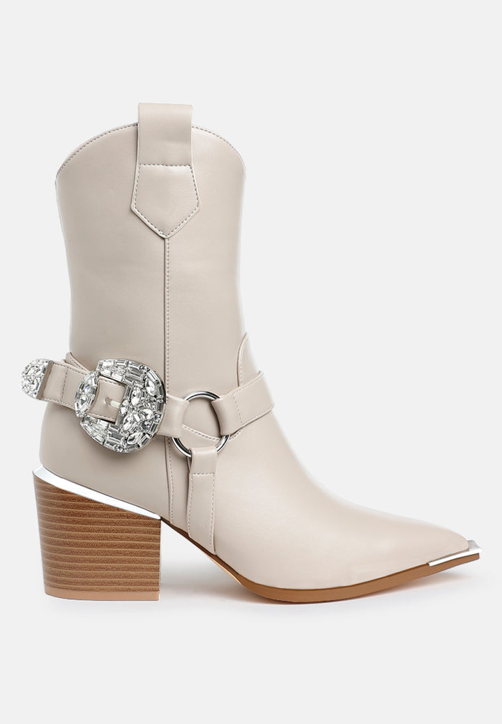 women diamante embellished pin buckle boots#color_beige