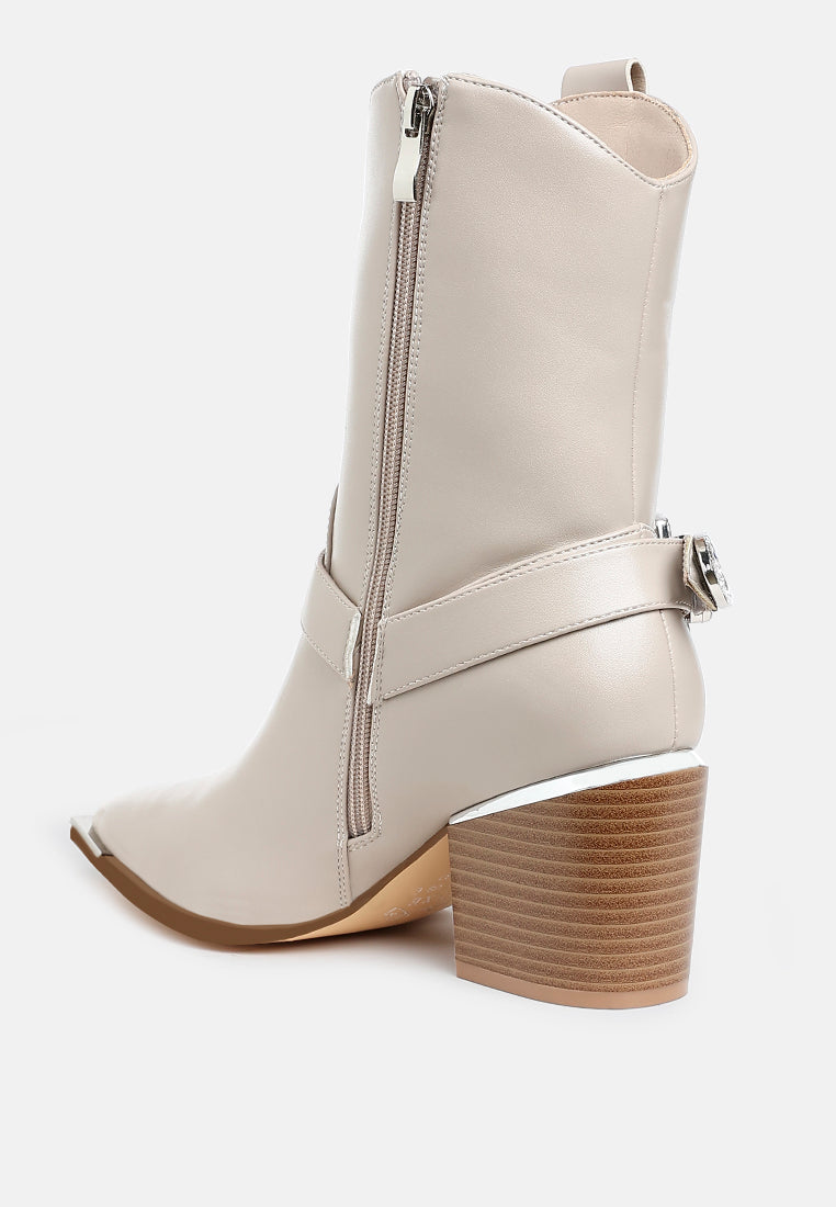 women diamante embellished pin buckle boots#color_beige