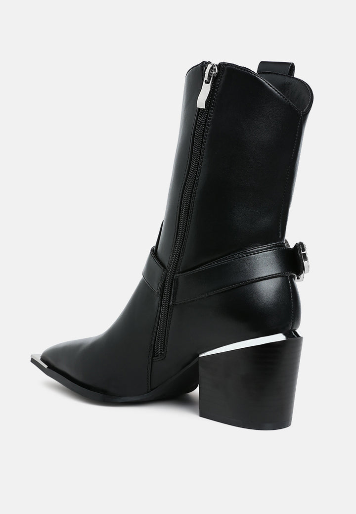 women diamante embellished pin buckle boots#color_black