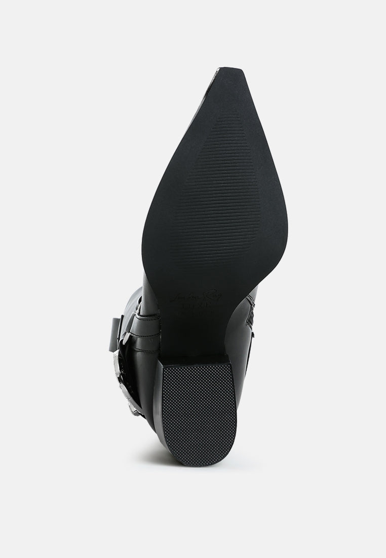 women diamante embellished pin buckle boots#color_black