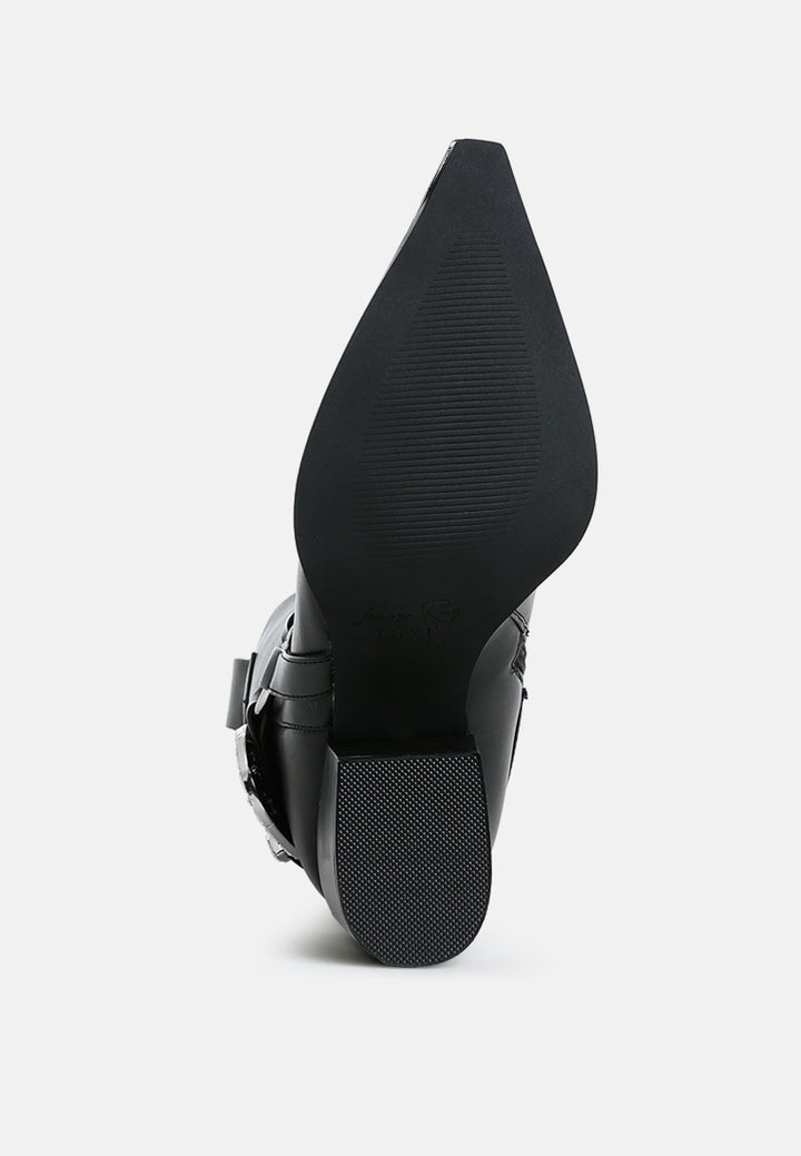 women diamante embellished pin buckle boots#color_black