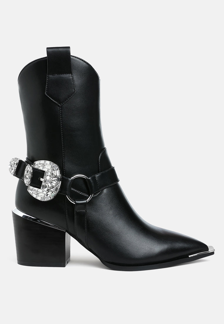 women diamante embellished pin buckle boots#color_black