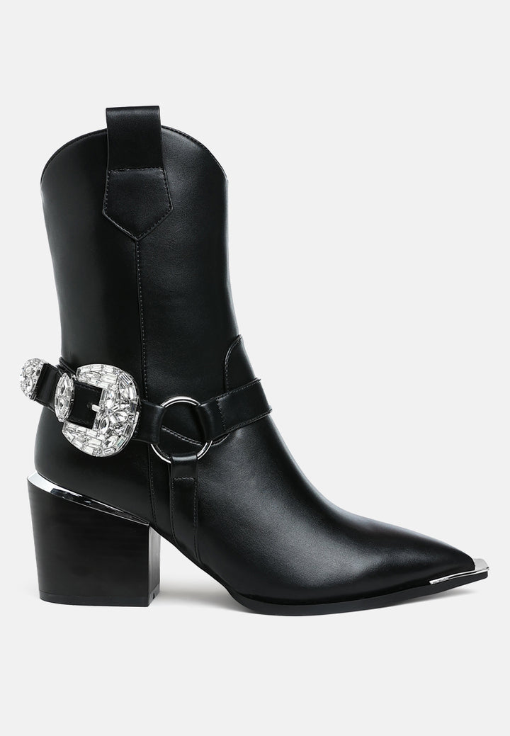women diamante embellished pin buckle boots#color_black